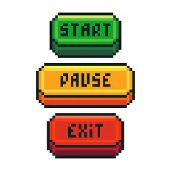 Video game pixel buttons. 2D retro 8 bit game interface elements, start, pause and exit navigation buttons, inventory menu old school game symbols. Vector set