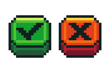 Check cross mark pixel buttons. Interface menu for retro video game, 8 bit sprite game app UI navigation panel icons, checklist box old school game symbols. Vector set
