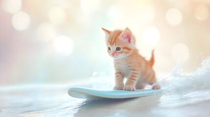 Cute orange kitten surfing on a miniature surfboard in water