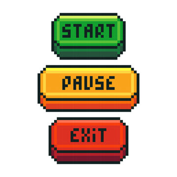Video game pixel buttons. 2D retro 8 bit game interface elements, start, pause and exit navigation buttons, inventory menu old school game symbols. Vector set