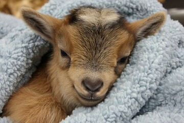 Fototapeta premium Baby goat relaxing in soft blue blanket