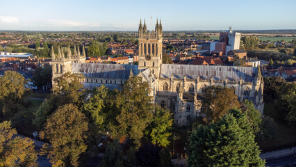 Aerial view of Selby Abbey and the surrounding town under a clear sky