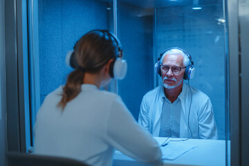 Man has hearing test in booth. Audiologist administers hearing exam. Healthcare, senior health, medical use.