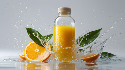 Fresh Orange Juice Bottle Splashing with Citrus Slices and Water on White Background