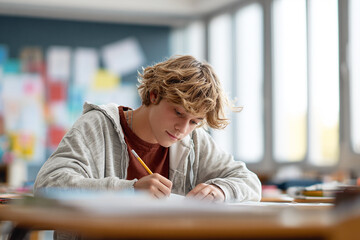 Student writes in classroom. Teenager does homework, study, learning concept for marketing, design, web use.