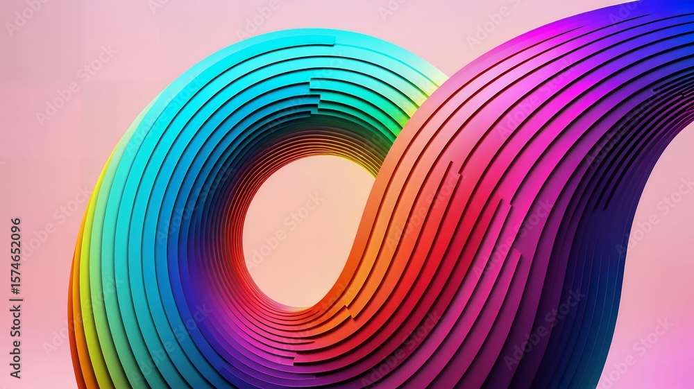Poster abstract rendering showcases a vibrant layered, colorful and curved structure on pastel backdrop.