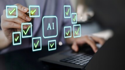 A person using laptop with approved AI symbol on virtual screen for check mark AI.