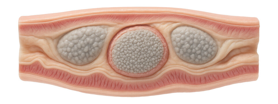 Cross-section of the ileum showing Peyer's patches and lymphoid tissue