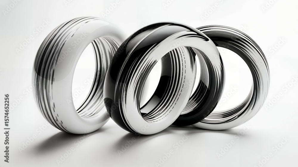Poster three intertwined torus shapes showcase monochrome gradients with abstract line patterns style.