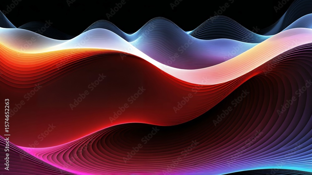Poster abstract colorful layered waves dynamically flowing against a dark backdrop in a visual spectacle.