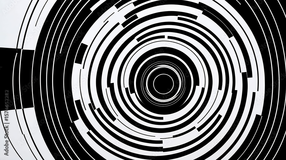 Poster abstract black and white graphic features concentric fragmented circles in radial design.
