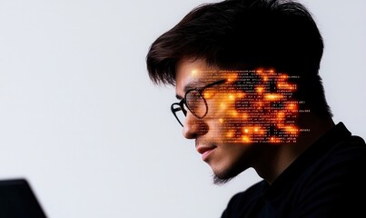 Cybersecurity expert envisions digital matrix while analyzing computer systems on transparent background