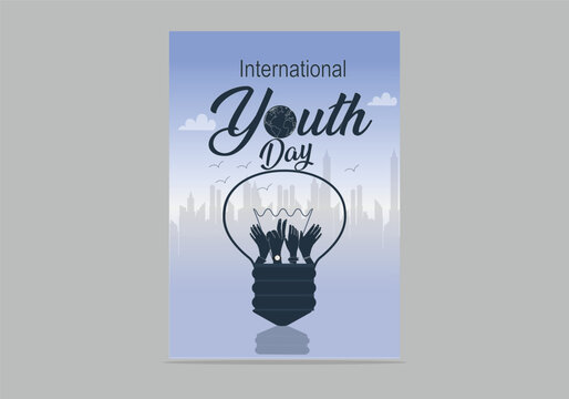 celebrating international youth day on August With hands world, light and building elegant backgrounds, flyer, banner, poster template vector illustration design.