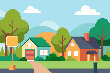Naklejka premium Cartoon vector landscape illustration of a village with houses and a home on a hill, featuring sky, trees, and grass, perfect for summer design