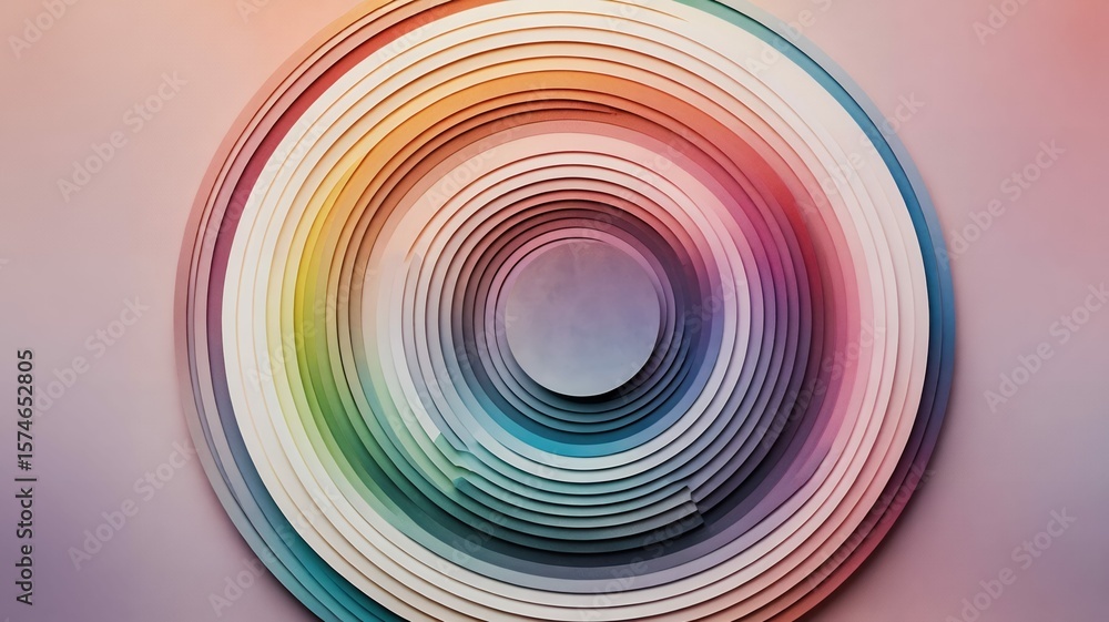 Poster abstract concentric circles create a calming, minimalist, and elegant design with soft rainbow hues.