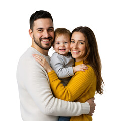 Happy family of three, father and mother holding their son on their lap and smiling at the camera, isolated on a transparent background PNG.