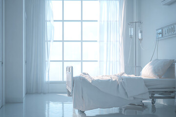 Sterile hospital room awaits patient. Clean bed, IV drip. Concept: Healthcare, illness, recovery. For marketing, editorial, web design.