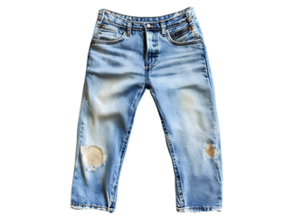  pair of light blue jeans with distressed, oversized pockets and a loose fit is displayed against a white background