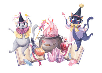 Watercolor illustration with cats and magic: cauldron, books, potions, crystals