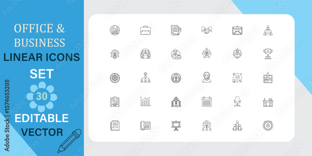 Poster comprehensive collection of office and business linear icons representing diverse concepts