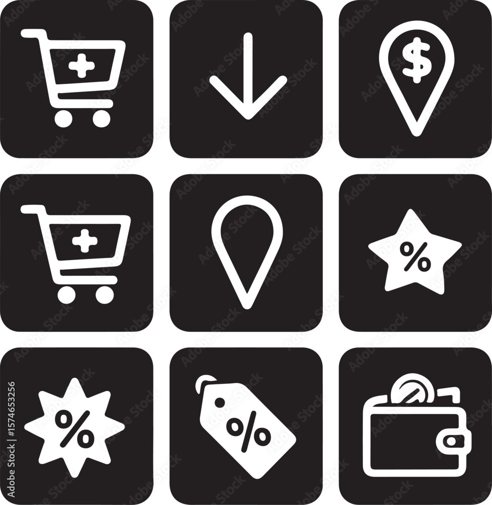 Poster Vector art of a grid of nine white icons on a black background isolated on transparent background