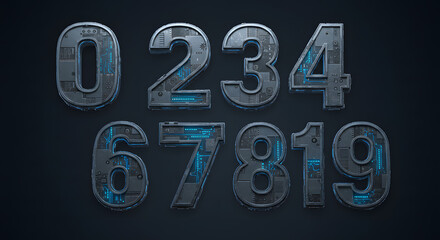 Sci-fi style numbers zero through nine offer a futuristic, technology-inspired look with intricate metal and glowing blue detail.