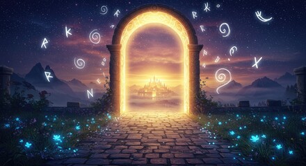  An ancient gate, gazing at a winged golden rainbow above, flanked by magic symbols.