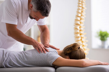 Chiropractor adjusts woman's spine in clinic. Bodywork, physiotherapy, holistic health, wellness. For marketing, editorial, advertising, healthcare industries.