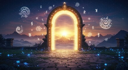  An ancient gate, gazing at a winged golden rainbow above, flanked by magic symbols.