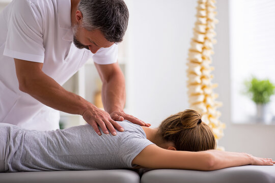 Chiropractor adjusts woman's spine in clinic. Bodywork, physiotherapy, holistic health, wellness. For marketing, editorial, advertising, healthcare industries.