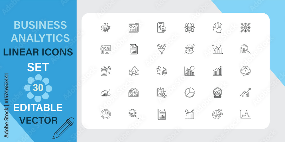 Poster thirty editable vector linear icons depicting various business analytics charts, graphs, and data vi