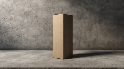High quality photo of high quality photo of tall Vertical Wooden Packaging Box Mockup on Textured Surface.