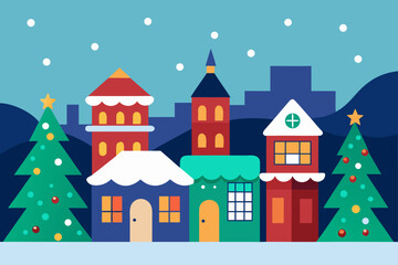 A charming cartoon winter village with snow-covered houses and a whimsical castle under a night sky, perfect for a Christmas card illustration