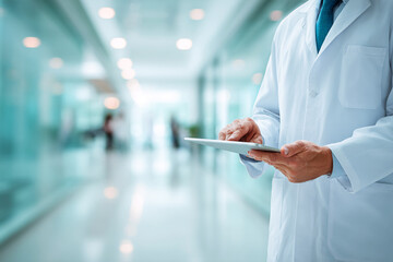 Doctor uses tablet in hospital hallway. Healthcare professional works with technology. For medical marketing, web.