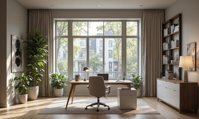 Innovative home office setup with AI-powered productivity tools, ergonomic desk, and minimalist design. The office features a smart desk, an adjustable ergonomic chair,