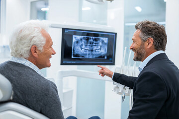 Dentist Explains X-Ray To Senior Patient. Doctor points at teeth scan on screen. For: marketing, advertising, design, web use.