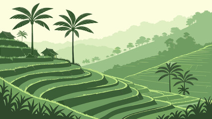 Obraz premium Lush green terraced rice paddies cascading down mountain hills in Bali, tropical palm trees, mist rising from valleys, morning light, detailed landscape photography