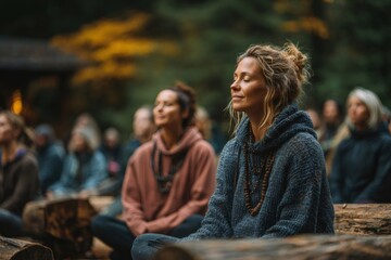 Group of people meditating outdoors in the woods, finding peace and mindfulness in nature