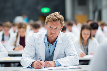 Medical student writes notes in classroom. Education, training, medicine, science, health, academy. Suitable for marketing, editorial, website.