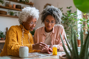 Woman helps senior take medication. Generational care, health, pills, home setting, candid, lifestyle. Editorial, web, design, and marketing use.