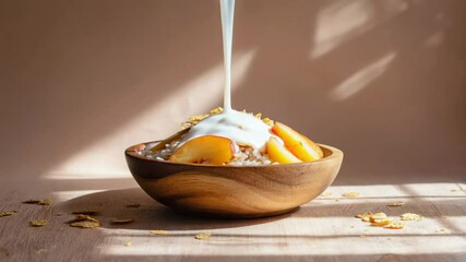 Close-up of milk being poured into a rustic wooden bowl filled with healthy breakfast cereal, fresh sliced peaches, and rice. - Powered by Adobe