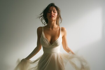 Fototapeta premium Woman in Flowing Dress Stands Peacefully in White Minimal Space