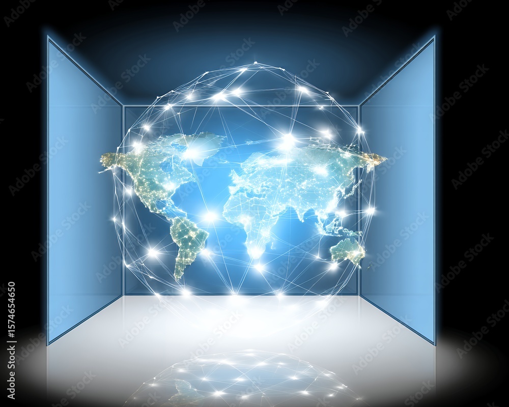 Aufkleber glowing world map network in a digital cube
