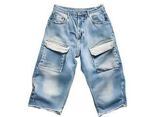  A pair of light blue jeans with distressed, oversized pockets and a loose fit is displayed against a white background