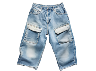  A pair of light blue jeans with distressed, oversized pockets and a loose fit is displayed against a white background