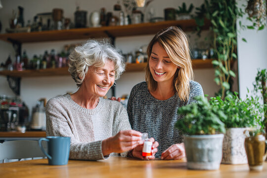 Smiling elderly woman takes pills with adult daughter. Generational care concept for web, blog, advertising, and marketing use.