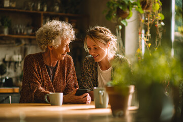 Generations connect as grandma & granddaughter use phone in a cozy, green kitchen. Ideal for family, lifestyle, tech marketing, web content.