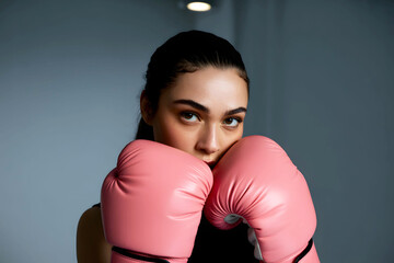 Strength in Focus: Studio Portrait of a Young Woman with Pink Boxing Gloves and a Fearless, Determined Expression