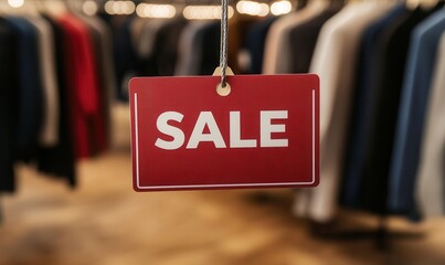 Red sale tag suspended in stylish clothing retail environment invites shoppers
