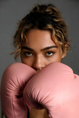 Strength and Style: Intense Portrait of a Young Woman in Pink Boxing Gloves with a Steely Gaze and Casual Power